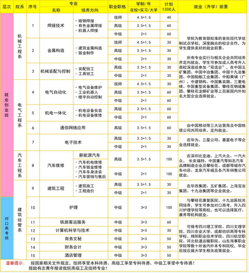 攀枝花技师学院专业设置